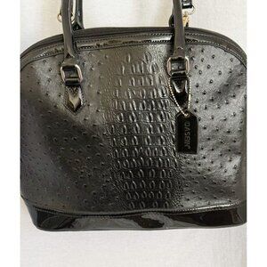 Dasein Black Vegan Patent Leather Alligator Hand Bag w/ Long Strap, Zipper Close